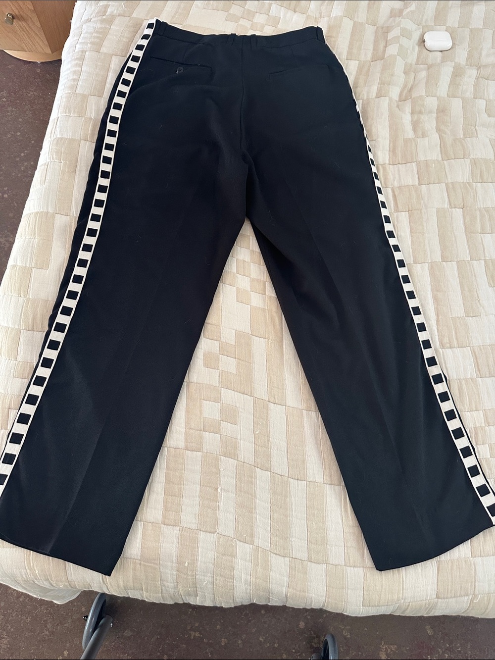 Women’s Los Rodeos Pleated Black Trousers with White Checker Side Stripe